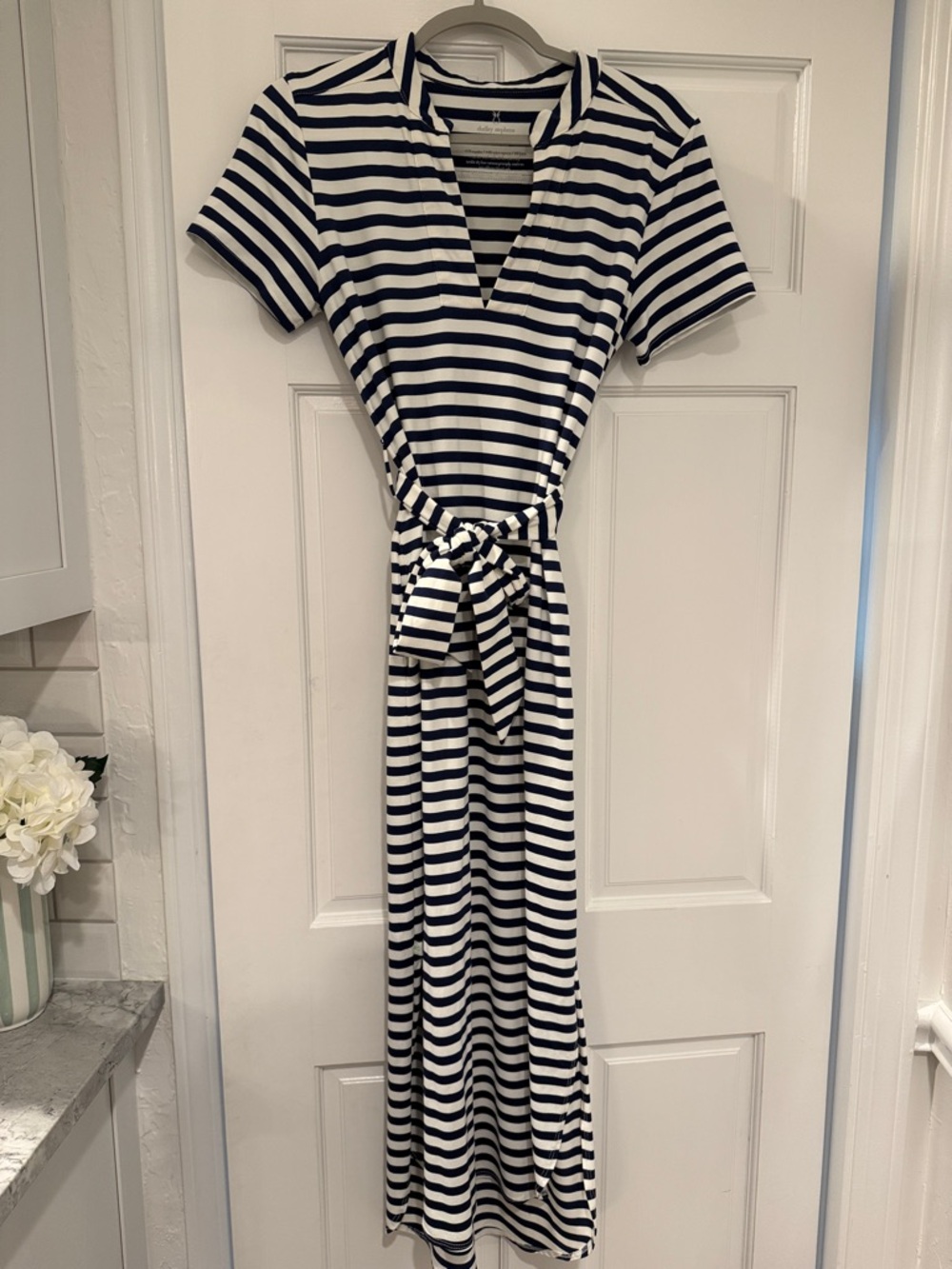 Dudley Stephens Navy & White Striped V-Neck Belted Jersey Maxi Dress